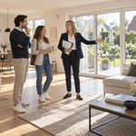 Immobilienmakler führt ein Paar durch eine helle Wohnung