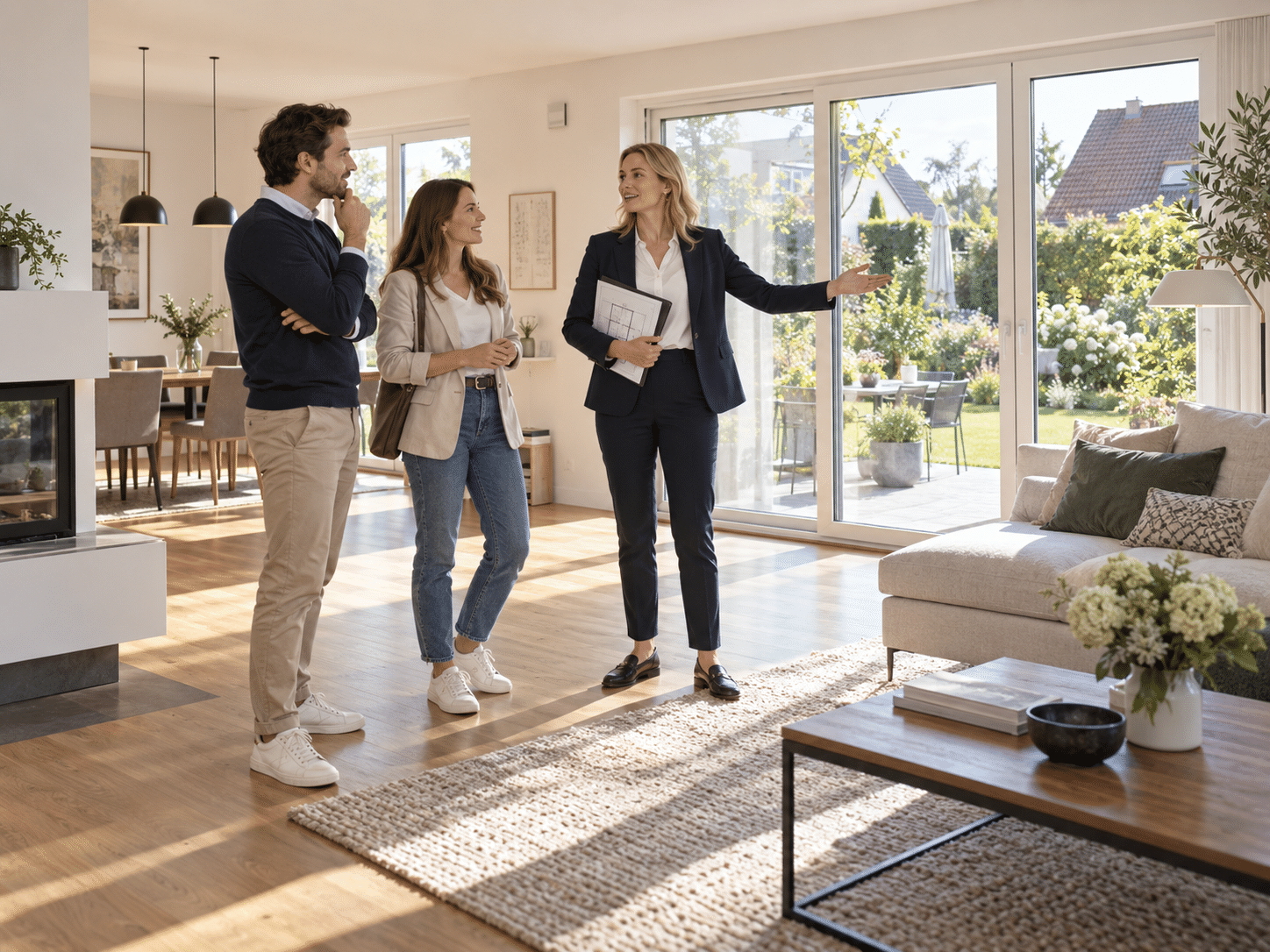 Immobilienmakler führt ein Paar durch eine helle Wohnung