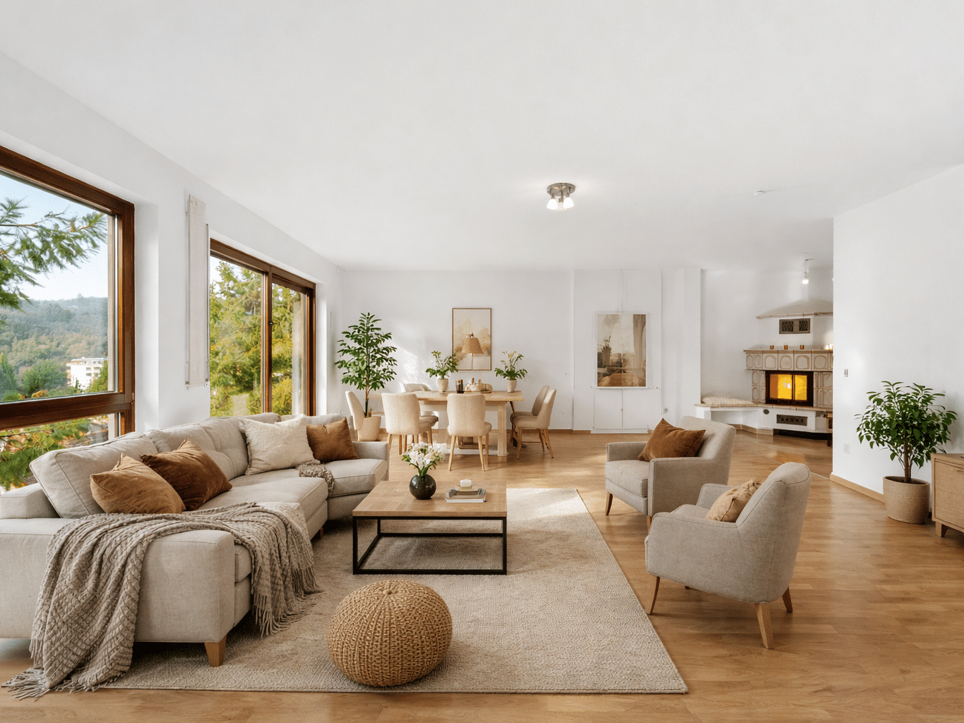 Helles Wohnzimmer mit Ecksofa und Kamin nach dem Home Staging