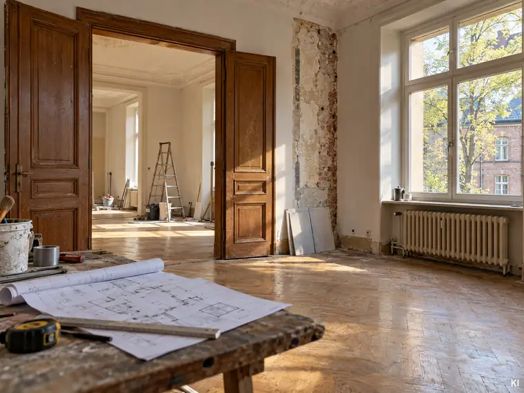 Altbauwohnung in Sanierung mit Grundrissplan auf der Werkbank