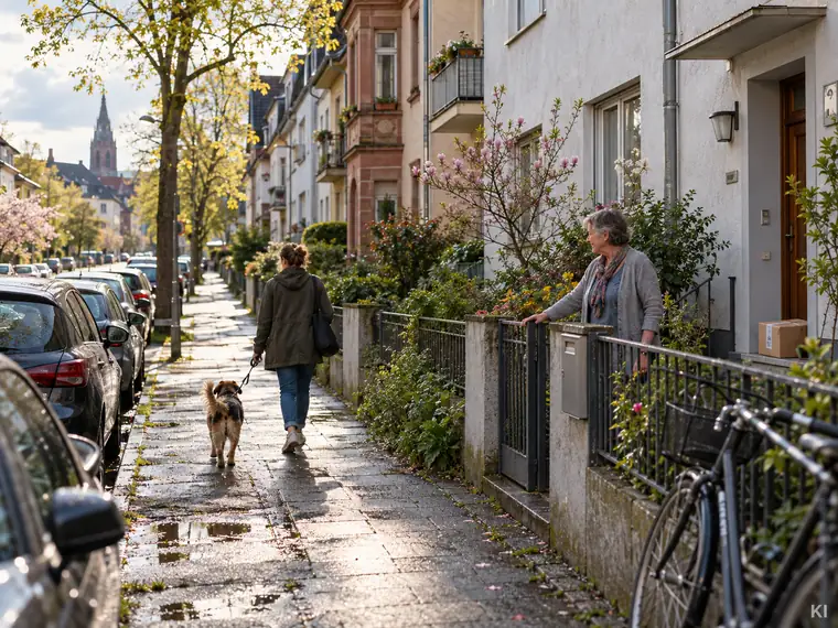 Ruhige Wohnstraße mit Vorgärten, Nachbarin am Gartentor und Spaziergängerin mit Hund