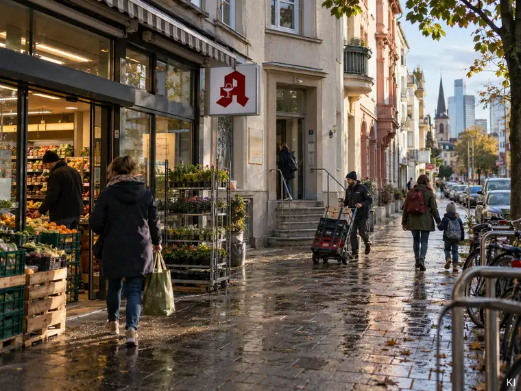 Supermarkt und Apotheke in einer Wohnstraße mit Fußgängern