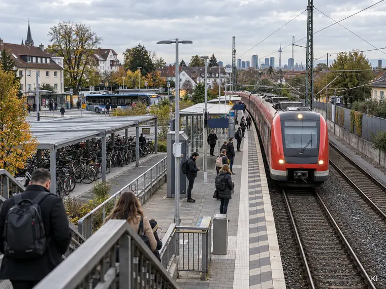 S-Bahn-Station mit Pendlern und Frankfurter Skyline im Hintergrund