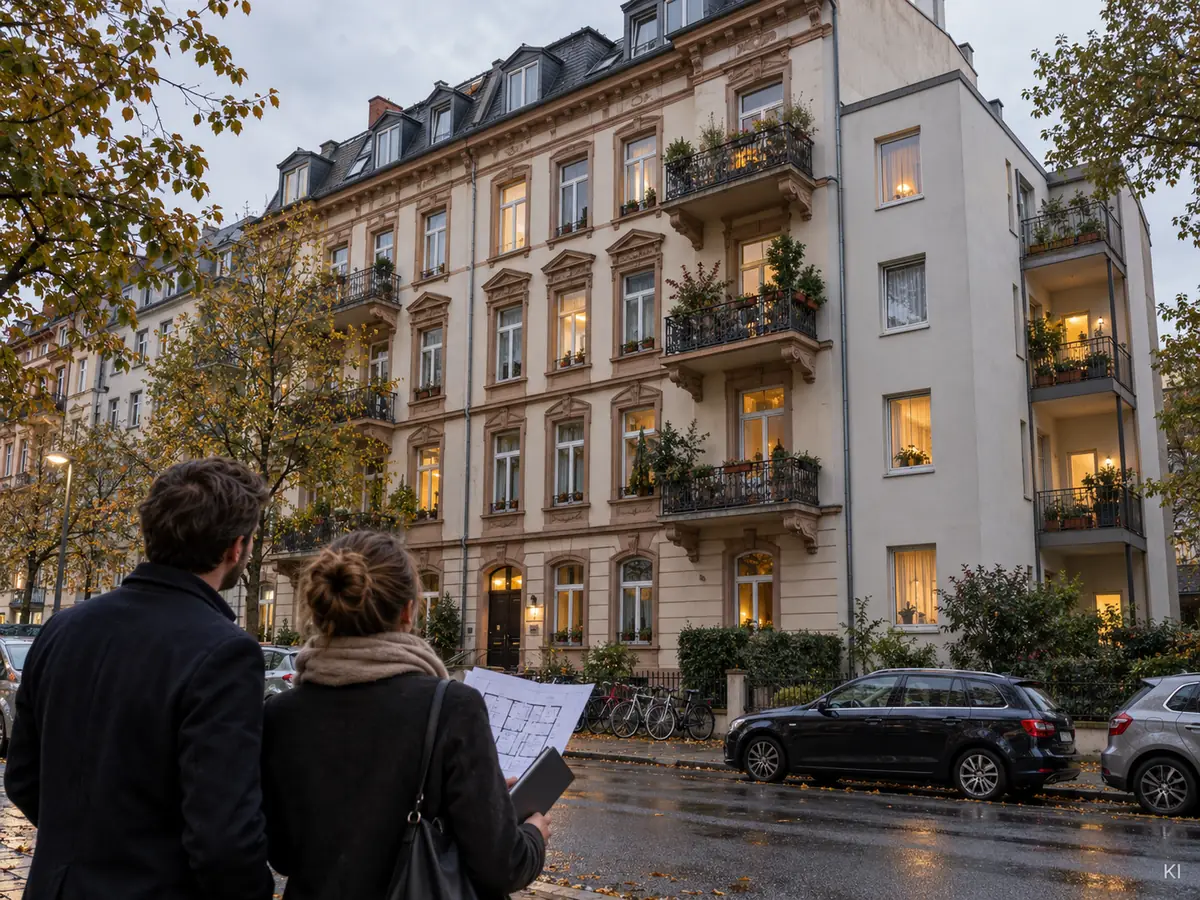 Paar mit Grundriss vor einem sanierten Altbau-Mehrfamilienhaus als Kapitalanlage