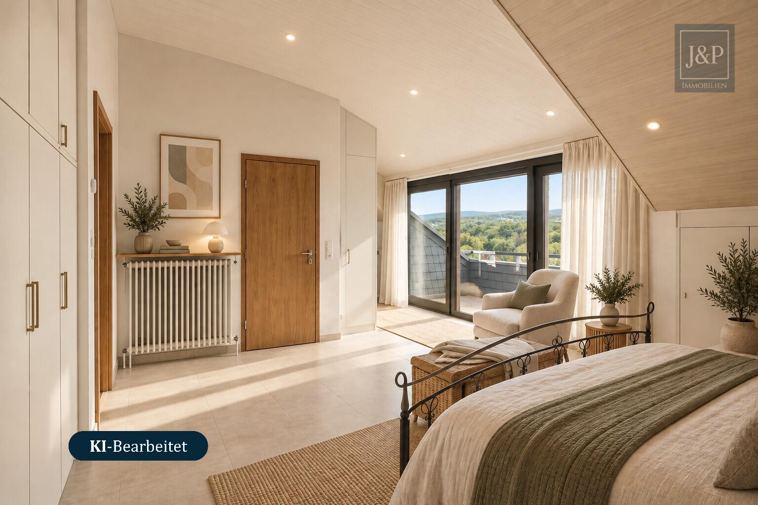 Skyline und Feldbergblick in einem! Schöne Maisonettewohnung in Sackgassenlage & Blick ins Grüne - Schlafzimmer (Visualisierung)
