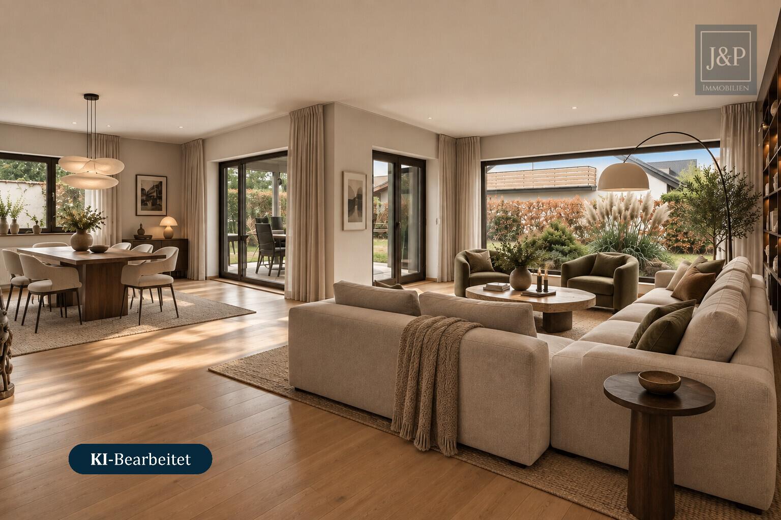 Traumhaftes Platzangebot für die ganze Familie: 230 m² Wohnkomfort mit Wintergarten, Balkon & Doppelgarage - Wohnzimmer Gestaltungsidee KI-generiert