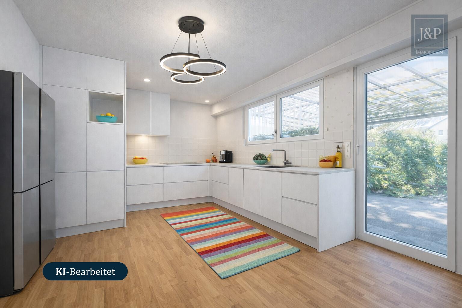 Zeitloses Einfamilienhaus mit großem Wohnbereich, Gartenblick & Balkon - Küche KI generiert