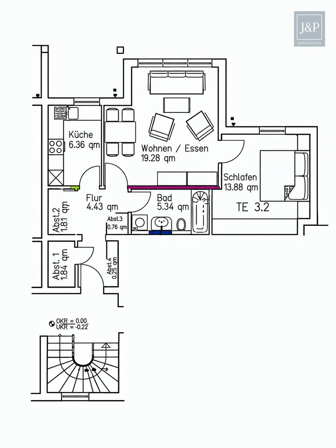 Ihr Zuhause in Wiesbaden-Erbenheim | 2 Zimmer, Balkon, Einbauküche & Tiefgaragenstellplatz - Grundriss
