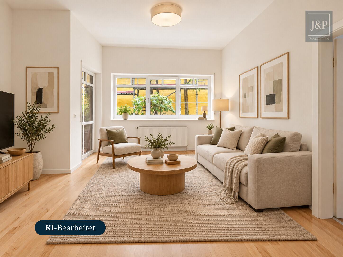 Ihr Zuhause in Wiesbaden-Erbenheim | 2 Zimmer, Balkon, Einbauküche & Tiefgaragenstellplatz - Wohnzimmer KI-generiert