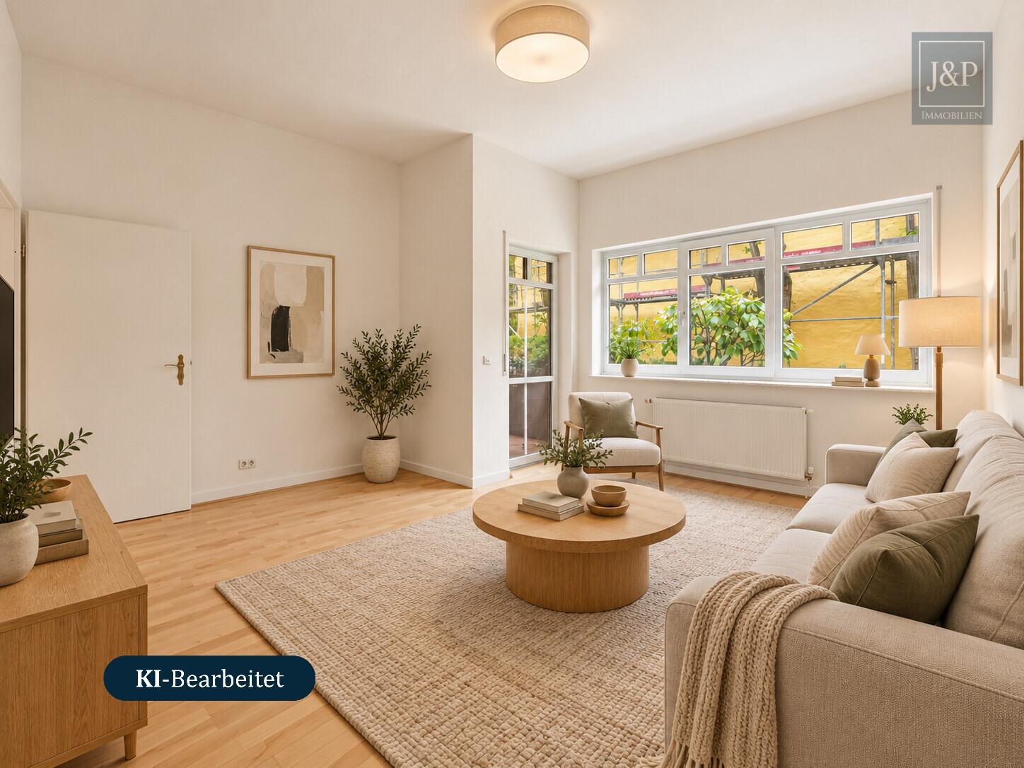 Ihr Zuhause in Wiesbaden-Erbenheim | 2 Zimmer, Balkon, Einbauküche & Tiefgaragenstellplatz - Wohnzimmer KI-generiert