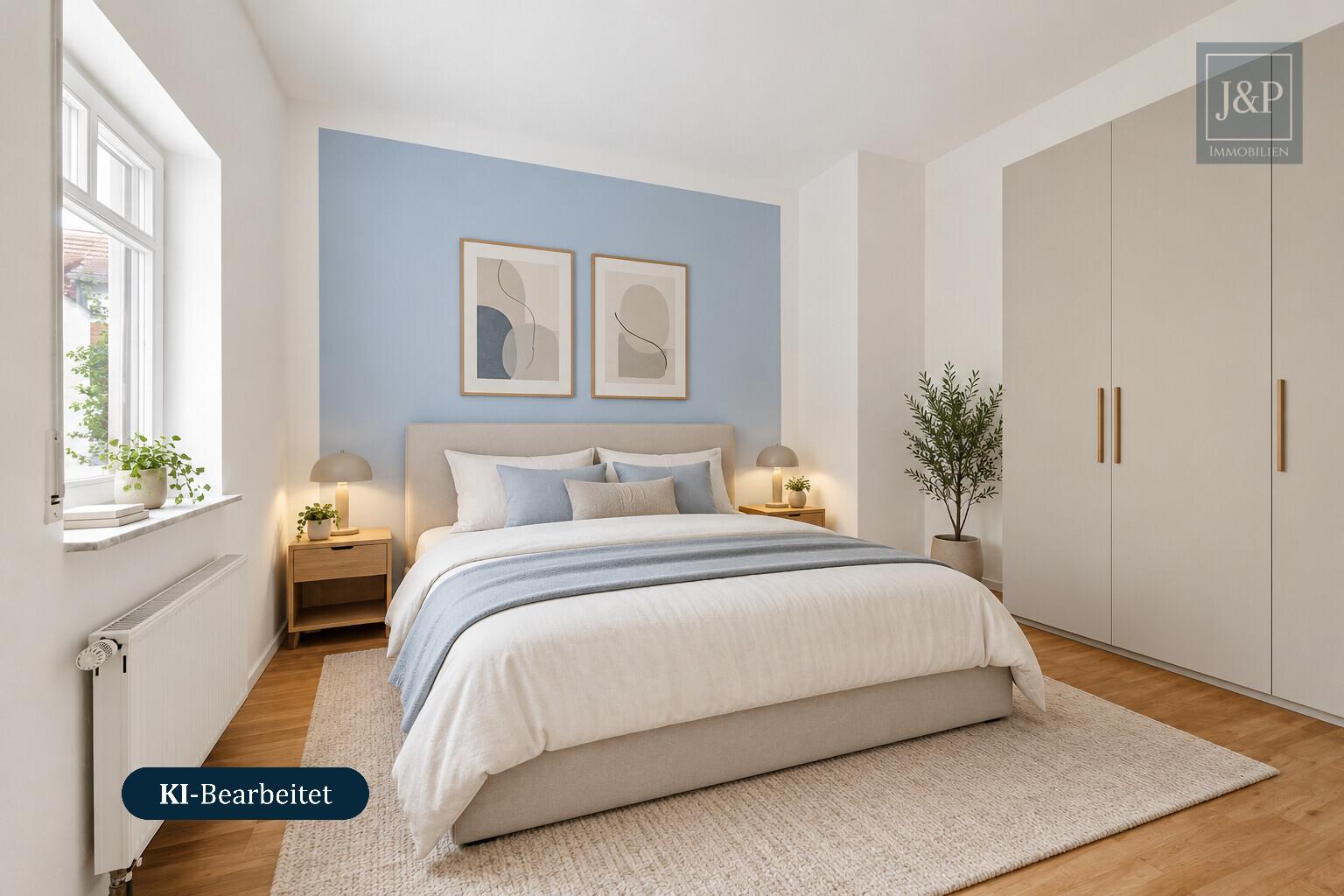 Ihr Zuhause in Wiesbaden-Erbenheim | 2 Zimmer, Balkon, Einbauküche & Tiefgaragenstellplatz - Schlafzimmer KI-generiert