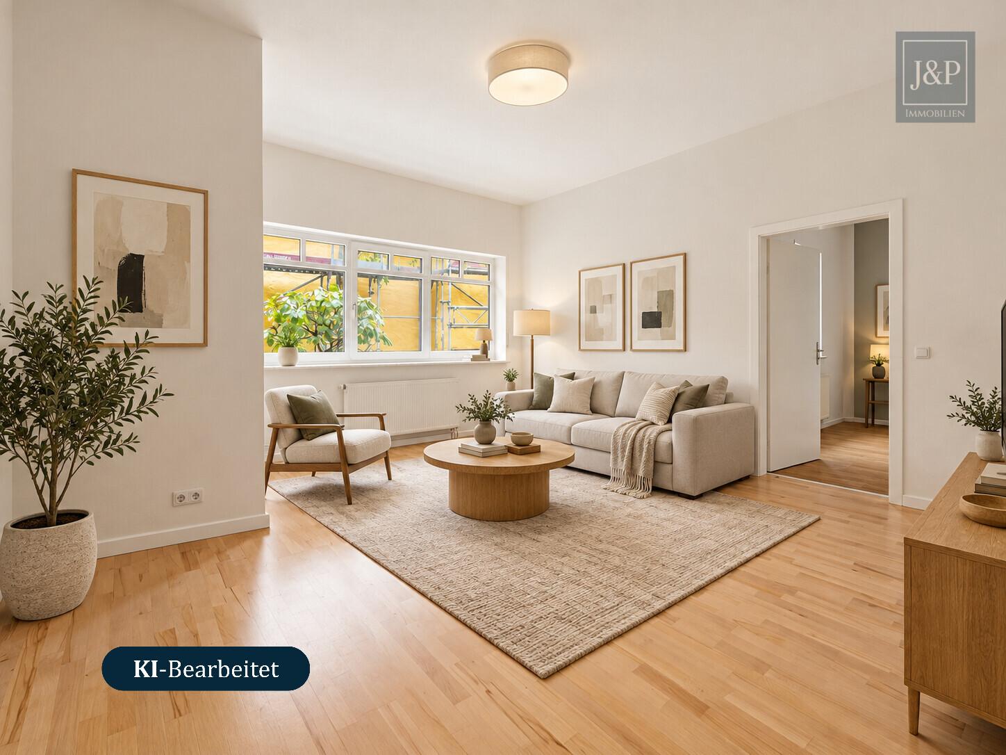Ihr Zuhause in Wiesbaden-Erbenheim | 2 Zimmer, Balkon, Einbauküche & Tiefgaragenstellplatz - Wohnzimmer KI-generiert