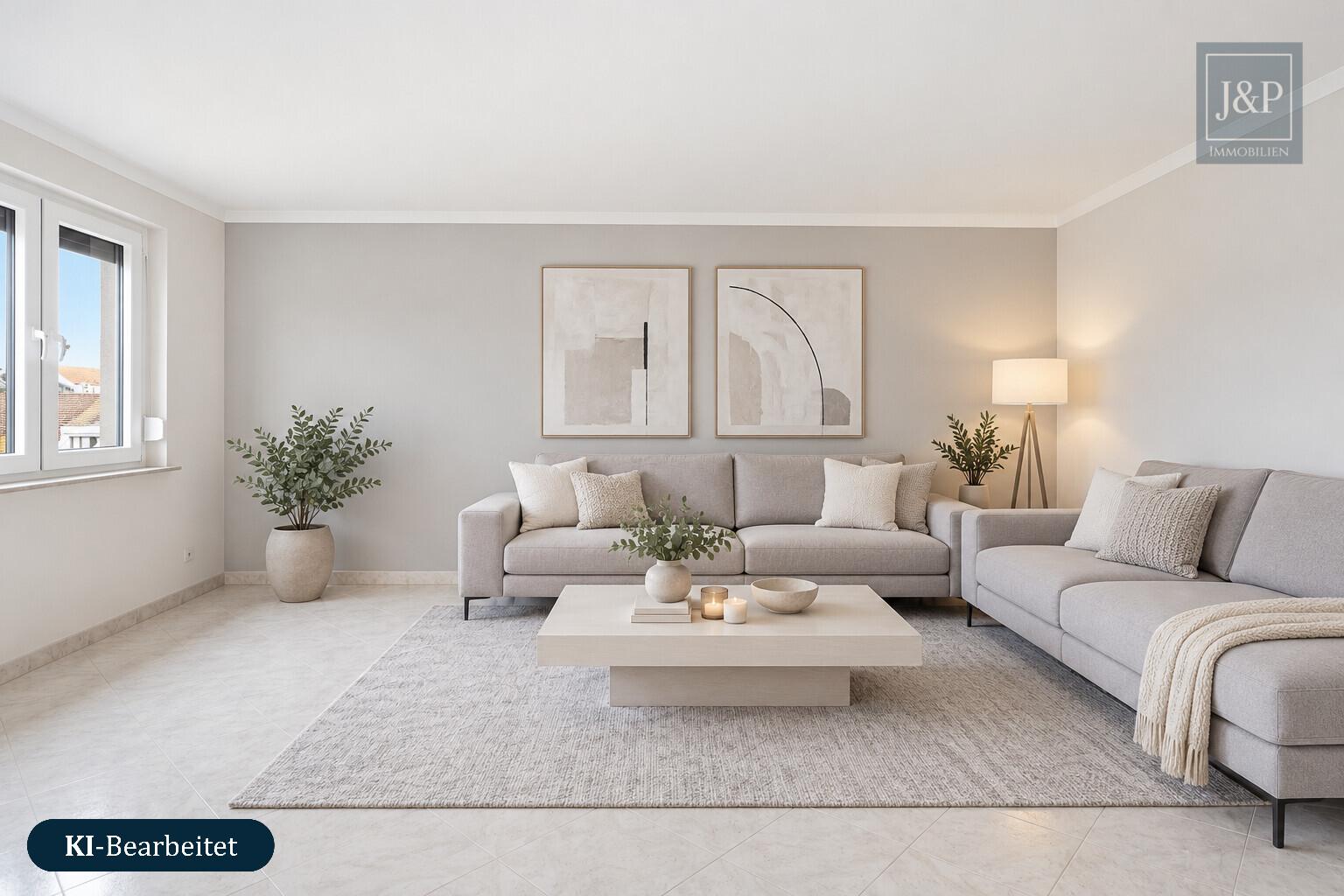 3-Zimmer-Wohnung mit zwei Bädern, Balkon & Tiefgaragenstellplatz - Wohnzimmer KI überarbeitet
