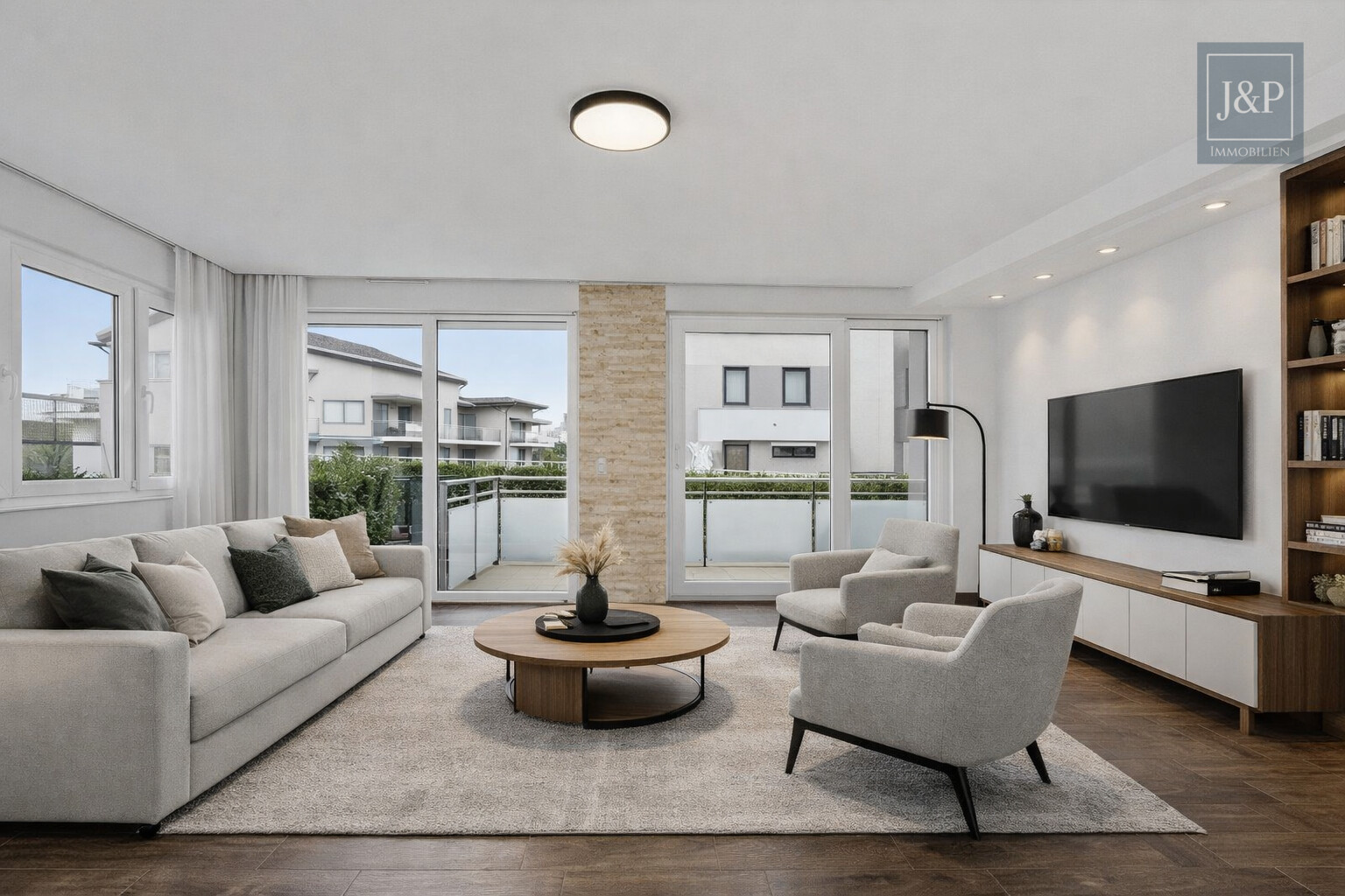 Moderne Maisonette Wohnung mit Garten & Balkon, KfW-70-Standard & 2 Stellplätzen in Kelsterbach - Wohnzimmer KI-Generiert