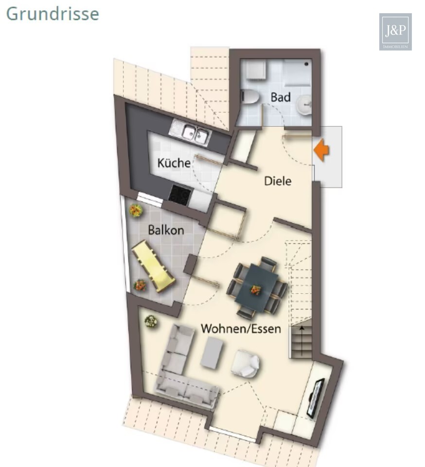 Lichtdurchflutete Maisonettewohnung mit Galerie und Balkon in zentraler Lage - Grundriss Wohnbereich