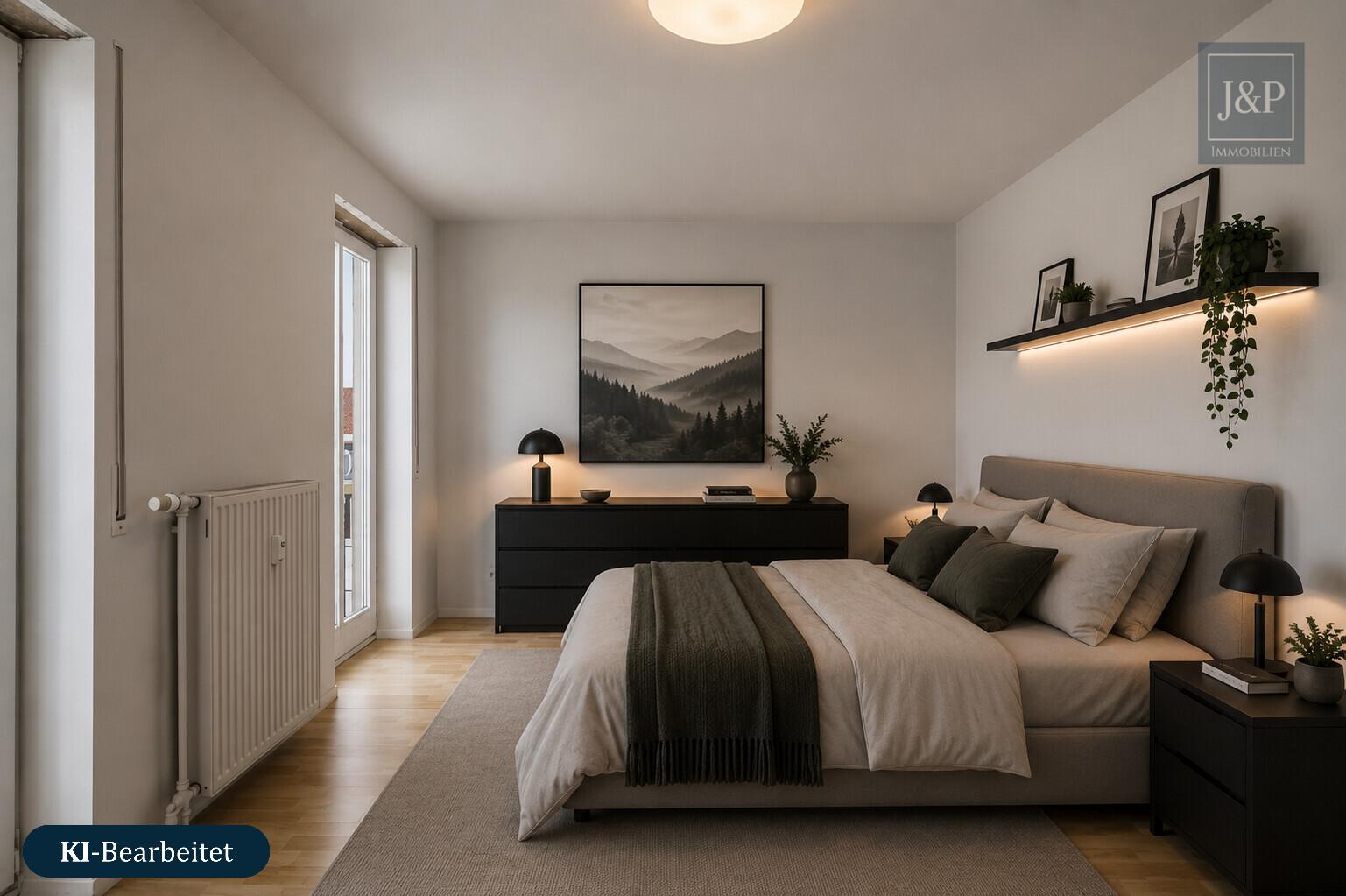 Lichtdurchflutetes Penthouse mit Süd-Balkon & Tiefgarage in Darmstadt! - Schlafzimmer KI überarbeitet