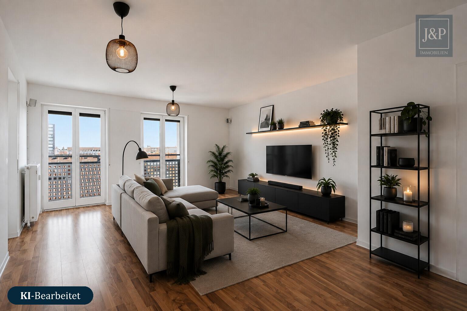 Lichtdurchflutetes Penthouse mit Süd-Balkon & Tiefgarage in Darmstadt! - Wohnzimmer KI überarbeitet