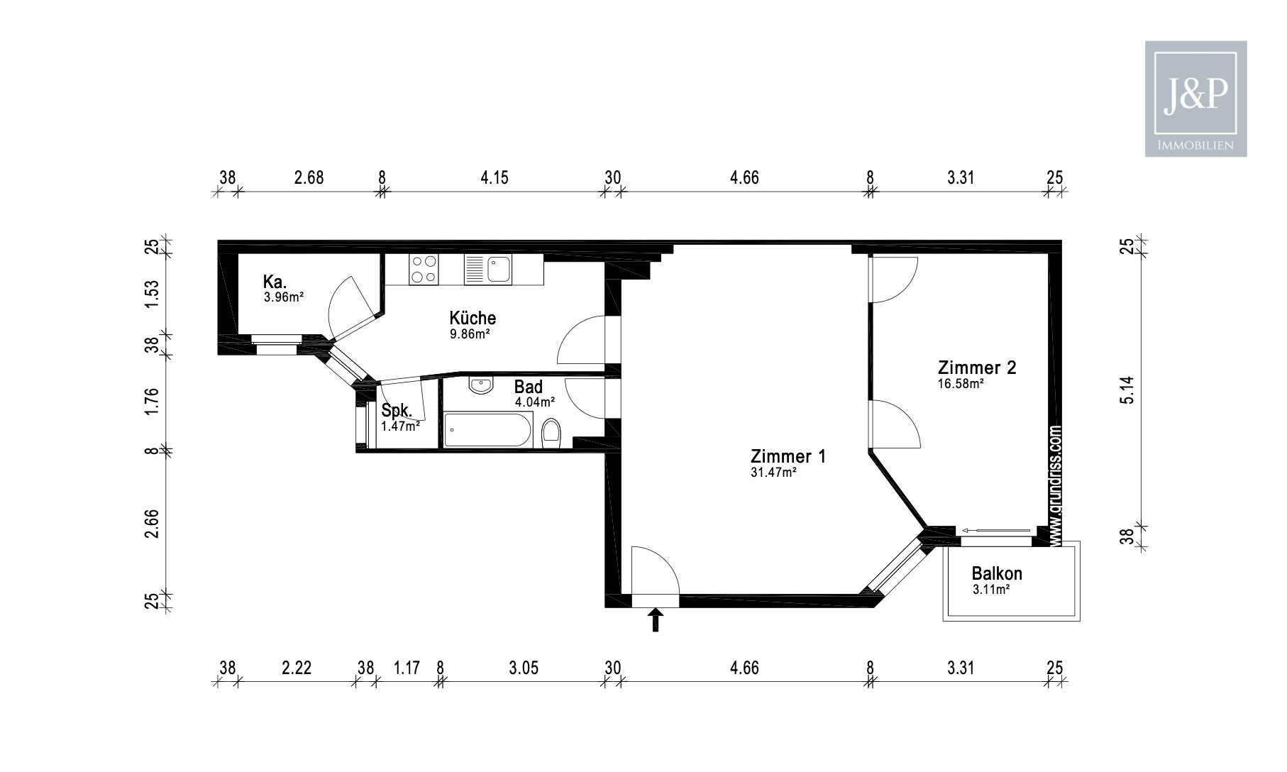 Renovierte 2-Zimmer-Altbauwohnung mit großem Wohnbereich & Balkon zum Innenhof - Grundriss