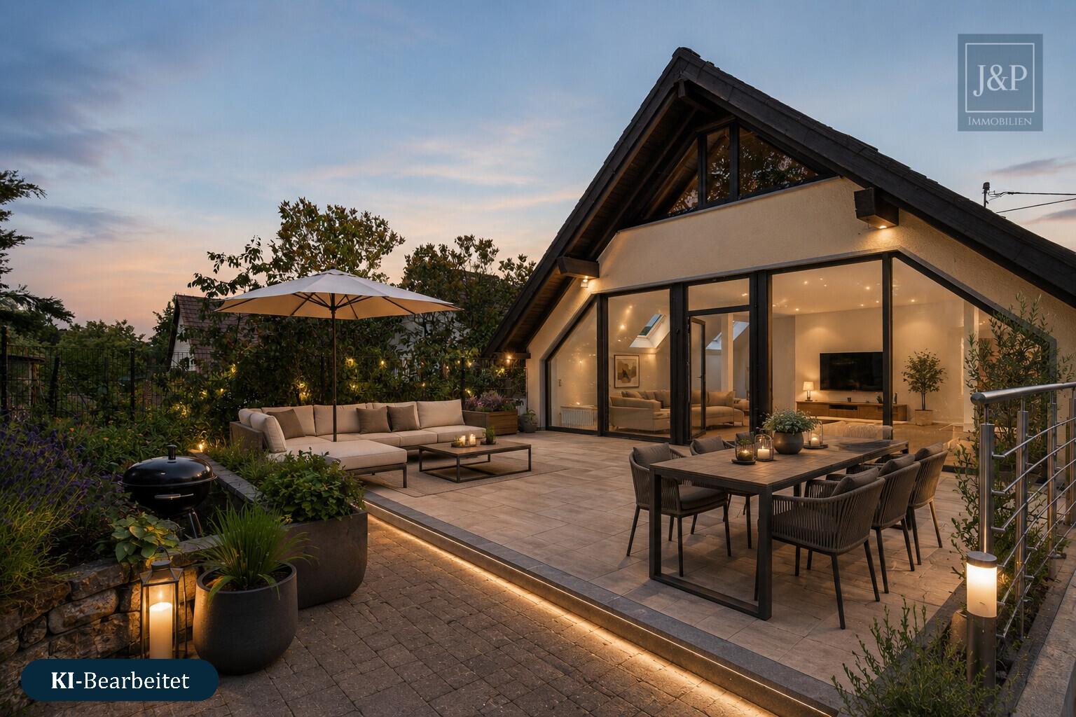 Freistehendes Einfamilienhaus mit traumhaftem Wohnzimmer, Garten & Ausbaureserve - Terrasse KI überarbeitet