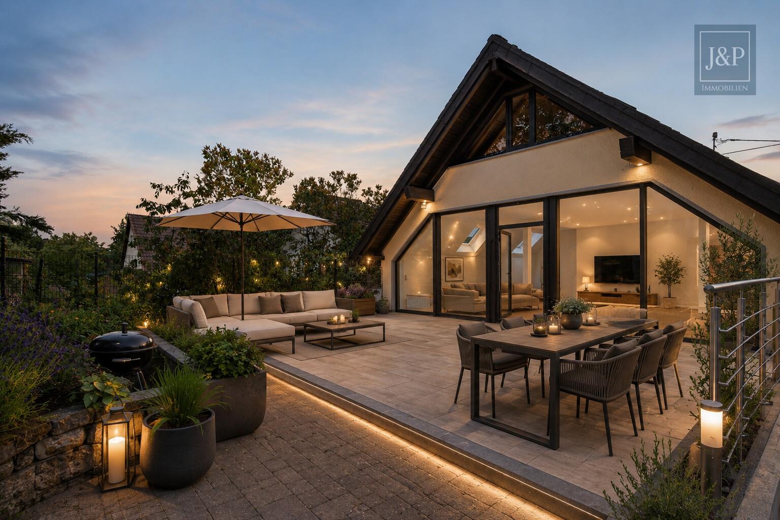 Freistehendes Einfamilienhaus mit traumhaftem Wohnzimmer, Garten & Ausbaureserve - Terrasse KI überarbeitet