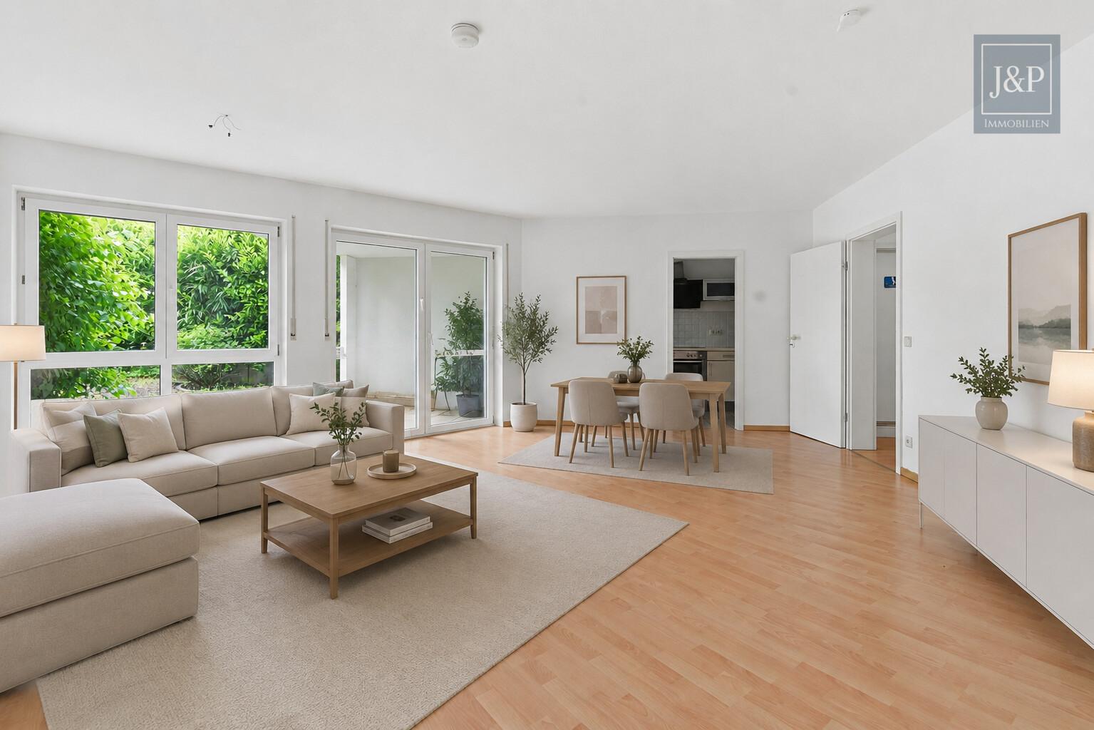 Bücherwohnung in schöner Wohnanlage direkt am Wald. - Gartenstück & TG-Stellplatz in Neuenhain - Wohnzimmer