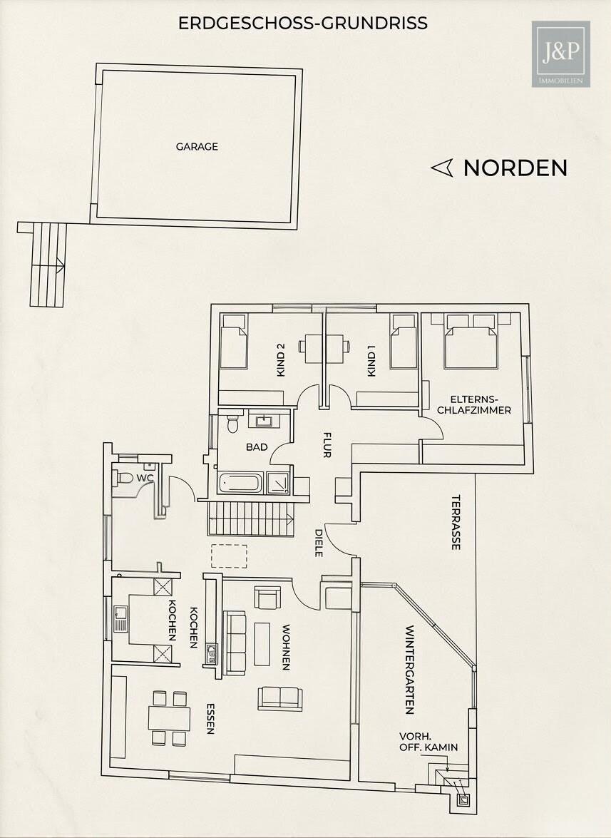 Zeitlose Eleganz der 70er: weitläufiger Bungalow mit Wintergarten-Oase und offenem Kamin - Grundriss Erdgeschoss