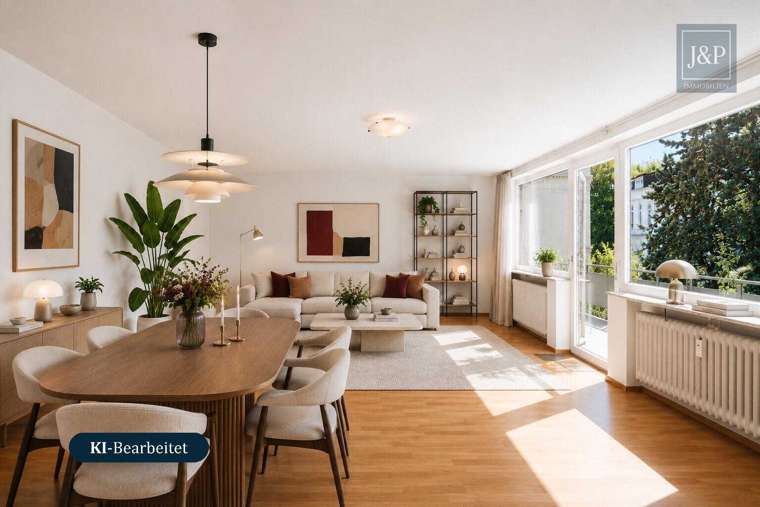 Komfortabel am Kurpark wohnen: Barrierefreier Zugang, großer Balkon & Tiefgaragenstellplatz - Wohnzimmer - KI generiert