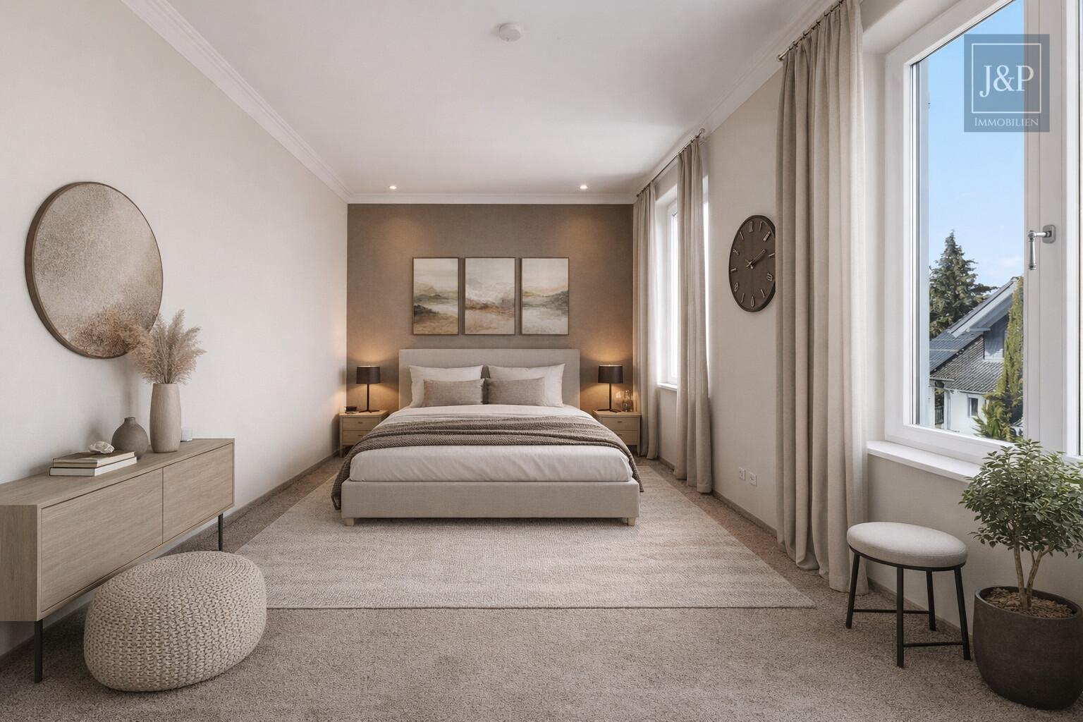 Einzigartiges Wohnkonzept nach Feng Shui – KfW-40 Anwesen inkl. Büro / ELW in Feldrandlage - Zimmer 1 OG KI Bearbeitet