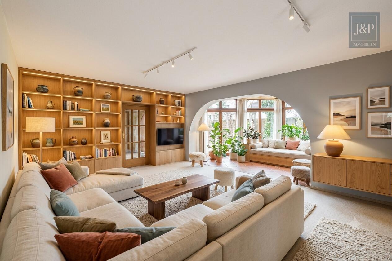 Seltene Gelegenheit: Zeitloser 70er-Jahre-Bungalow mit Wintergarten & offenem Kamin - Visualisierung_Wohnzimmer_Wintergarten