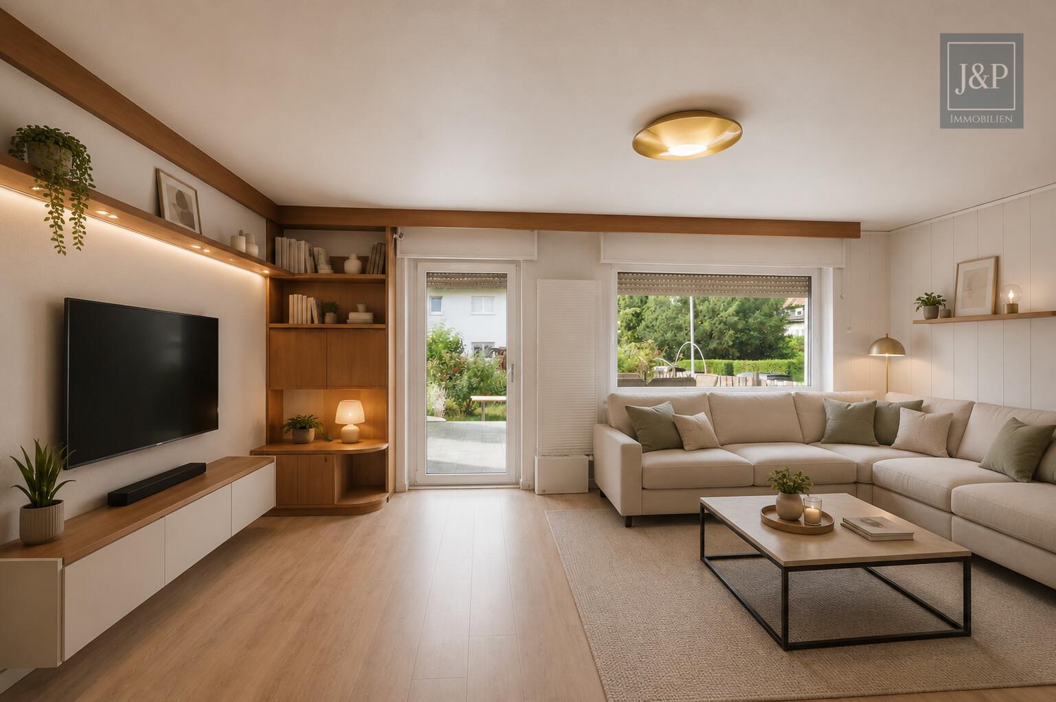 Familienglück mit Garten – Reihenendhaus mit Balkon, Terrasse & viel Potenzial in Frankfurt - Wohnzimmer KI überarbeitet