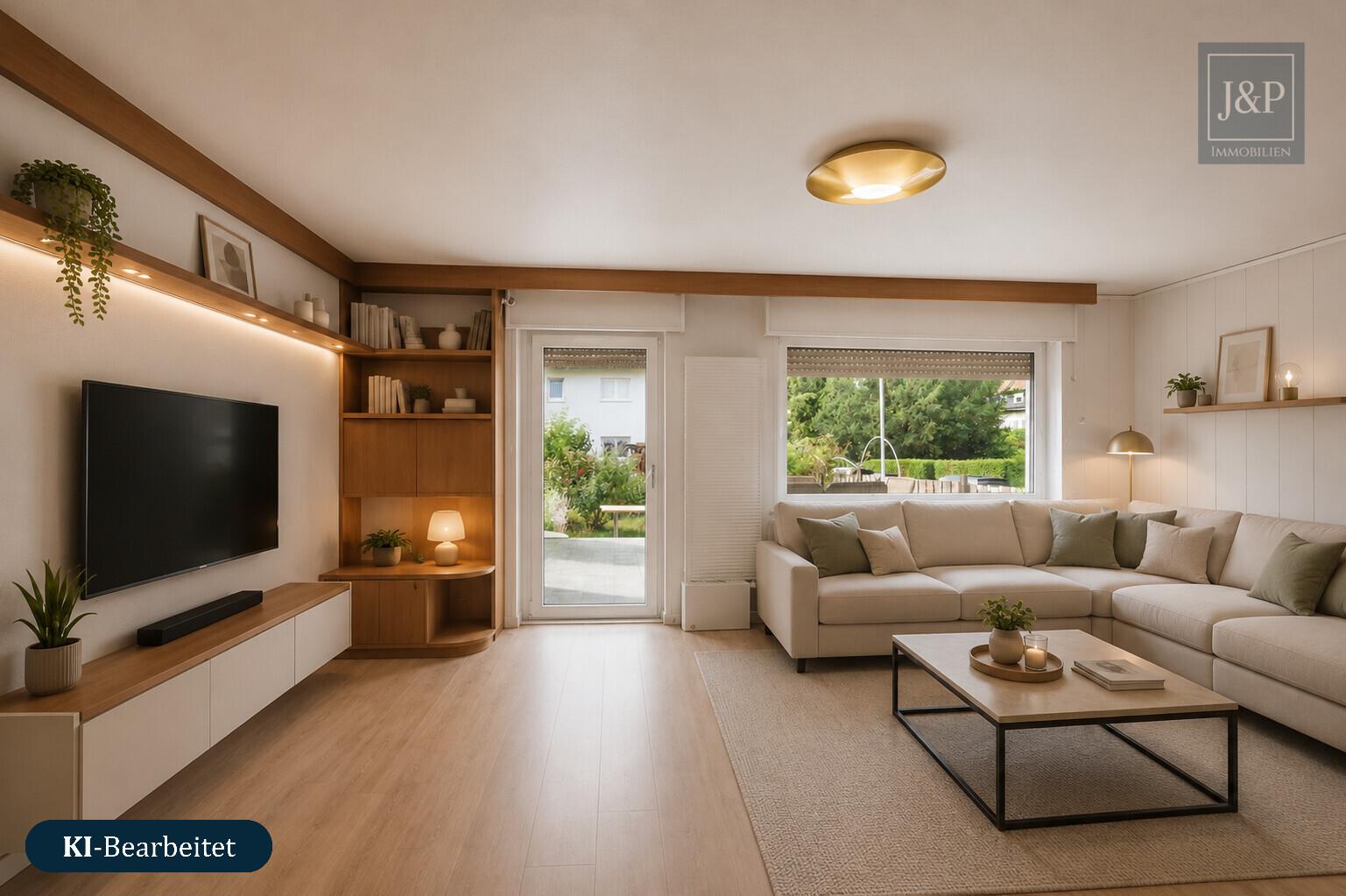 Familienglück mit Garten – Reihenendhaus mit Balkon, Terrasse & Sanierungs-Potenzial in Frankfurt - Wohnzimmer KI überarbeitet