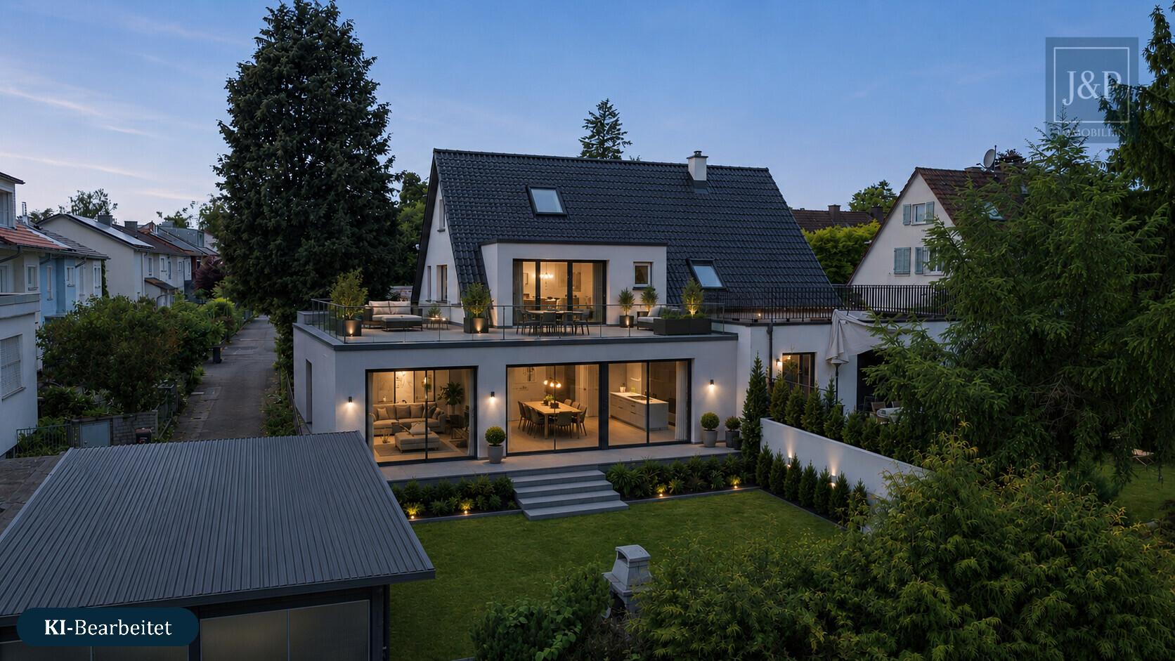 Großes Grundstück in Top Feldrandlage | Doppelhaushälfte mit Ausbau- & Anbaupotenzial - Aussenansicht KI überarbeitet